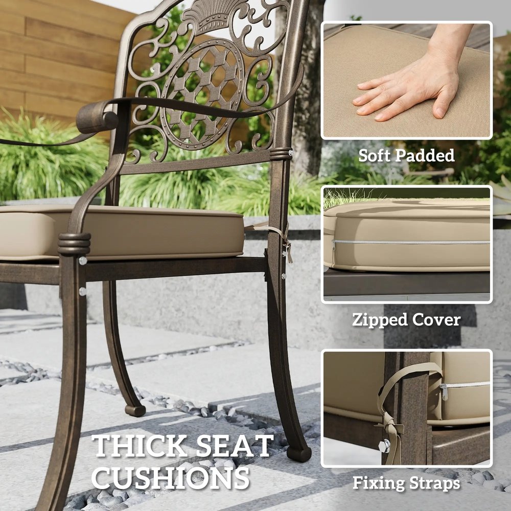 Outsunny Garden Dining Set for 6, Cast Aluminium Outdoor Table and Chairs Set with Cushions, Parasol Hole for Patio, Bronze Tone 6