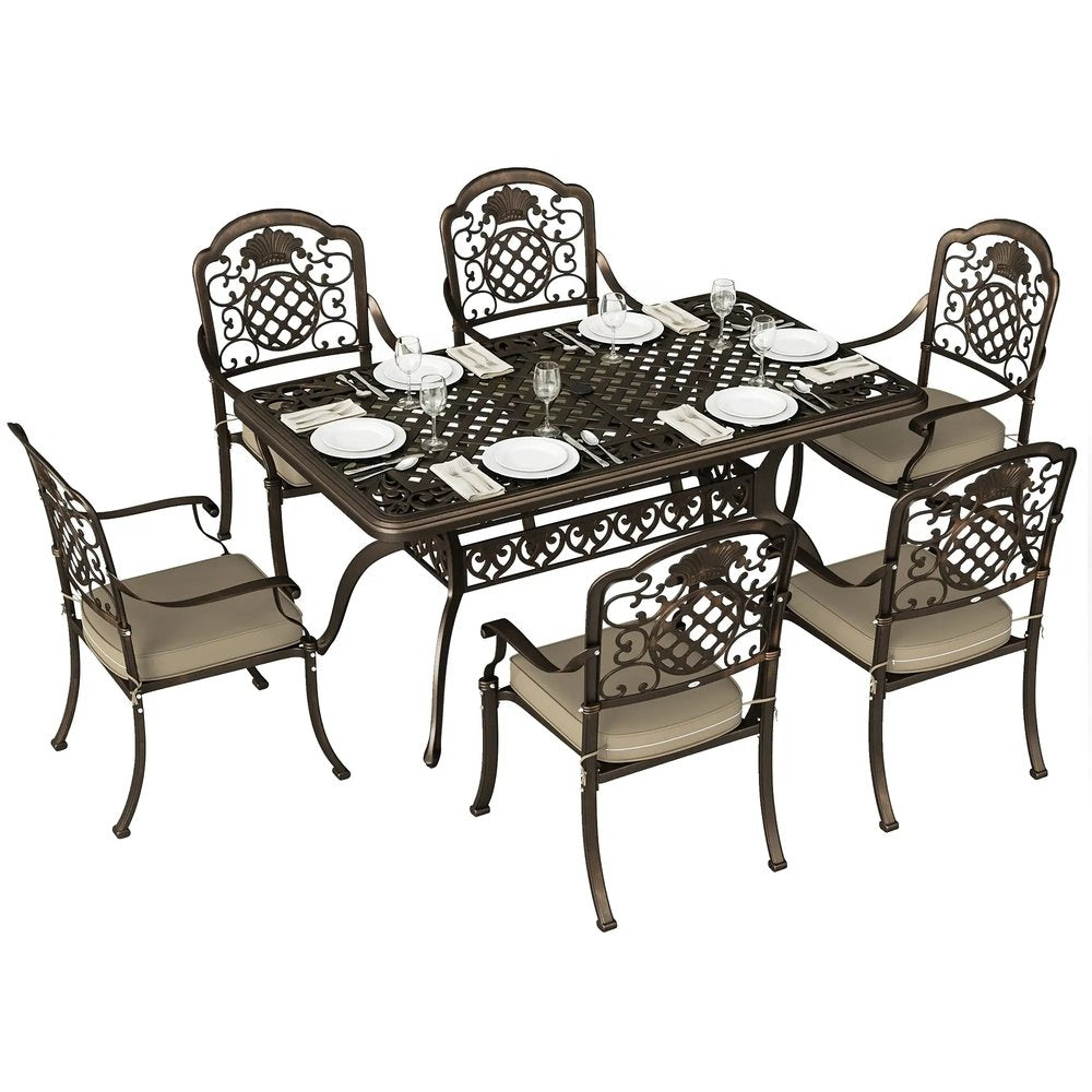 Outsunny Garden Dining Set for 6, Cast Aluminium Outdoor Table and Chairs Set with Cushions, Parasol Hole for Patio, Bronze Tone 9