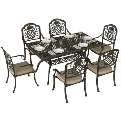Outsunny Garden Dining Set for 6, Cast Aluminium Outdoor Table and Chairs Set with Cushions, Parasol Hole for Patio, Bronze Tone 