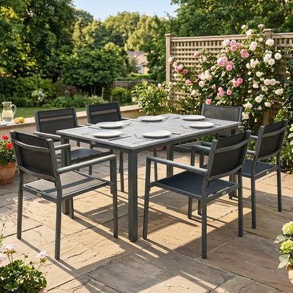 Outsunny Garden Dining Set with Acacia Wood Table Top, Outdoor Table and Stackable Chairs Set for 6 with Texteline Seat, Grey 7