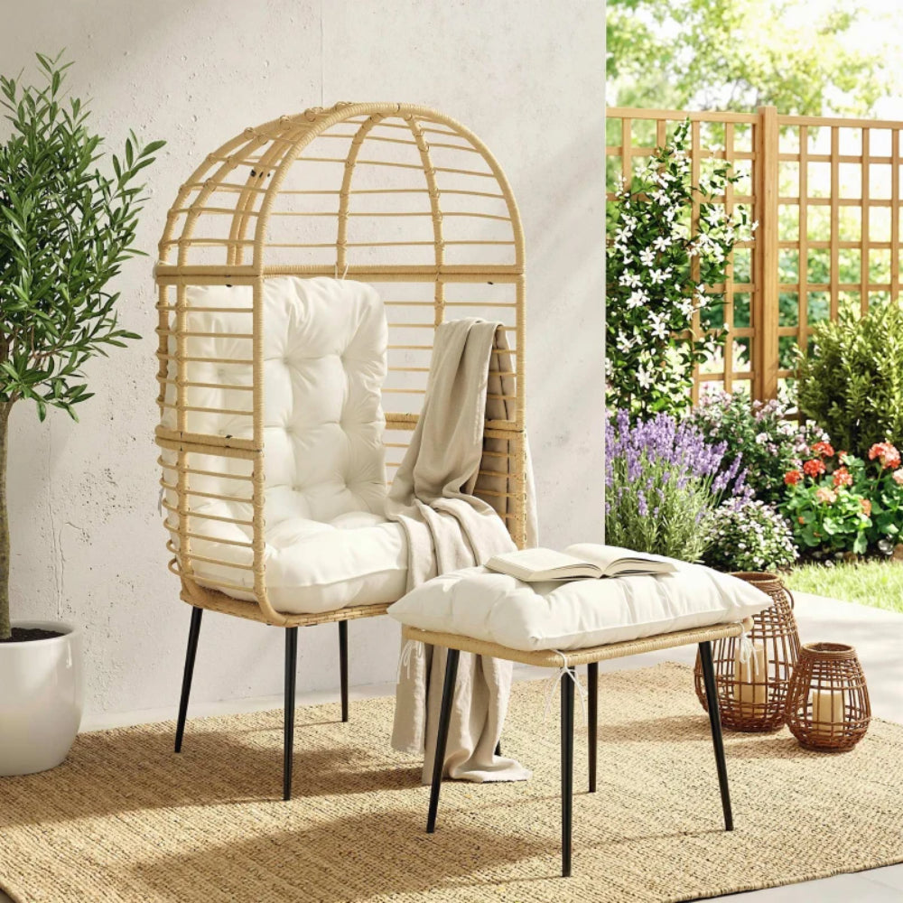 Outsunny Garden Egg Chair with Footstool, Rattan Indoor Outdoor Lounge Chair and Ottoman Set with Thick Cushions