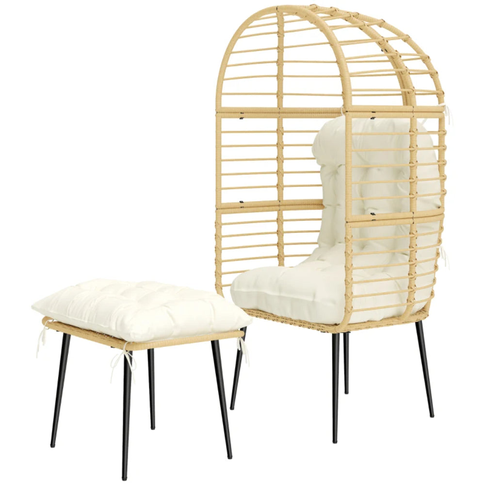Outsunny Garden Egg Chair with Footstool, Rattan Indoor Outdoor Lounge Chair and Ottoman Set with Thick Cushions