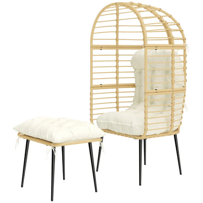 Outsunny Garden Egg Chair with Footstool, Rattan Indoor Outdoor Lounge Chair and Ottoman Set with Thick Cushions