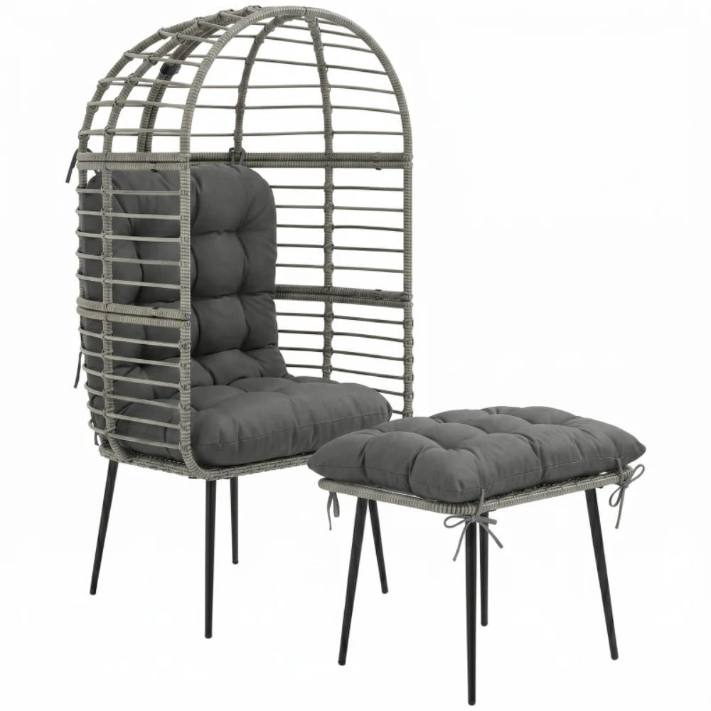 Outsunny Garden Egg Chair with Footstool, Rattan Indoor Outdoor Lounge Chair and Ottoman Set with Thick Cushions
