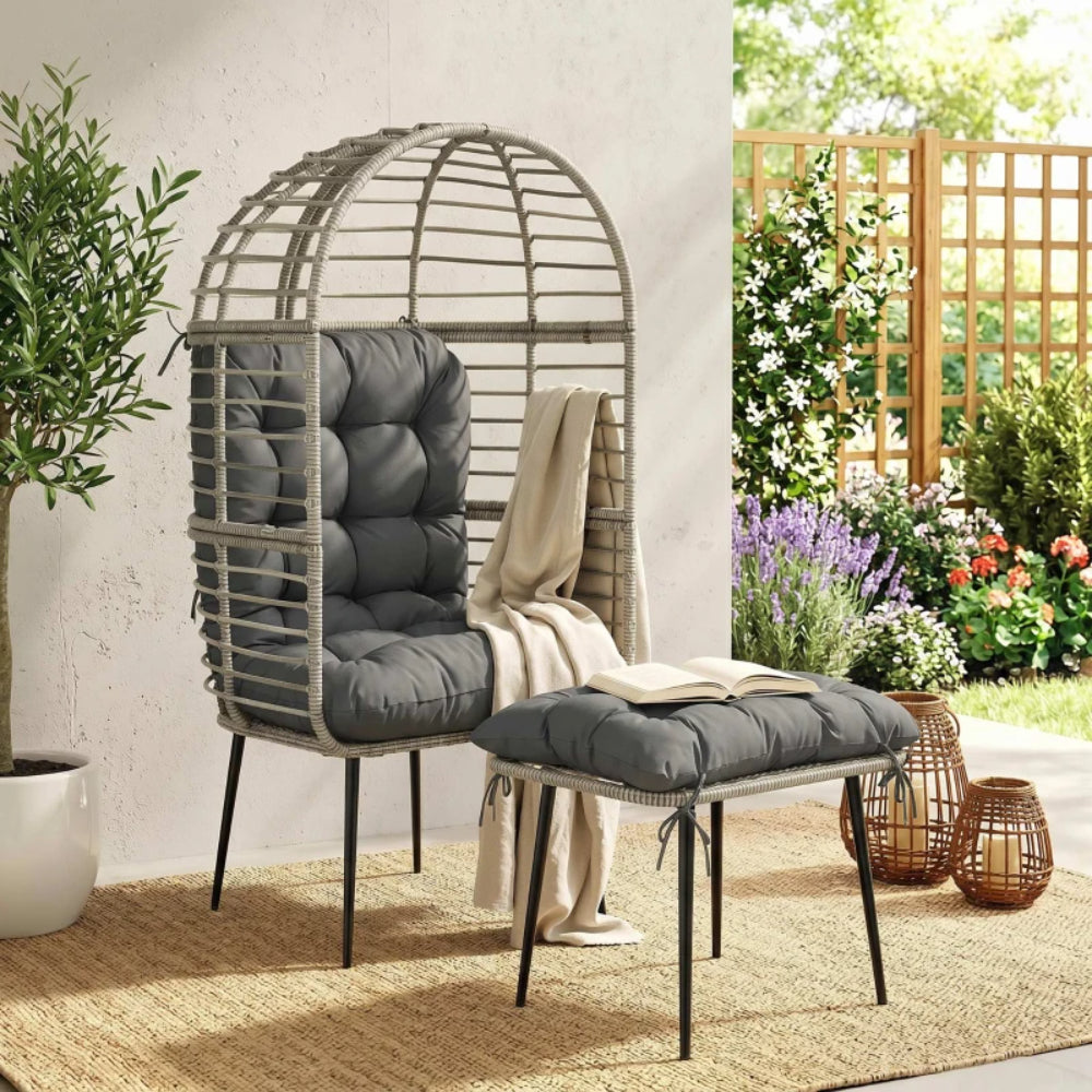 Outsunny Garden Egg Chair with Footstool, Rattan Indoor Outdoor Lounge Chair and Ottoman Set with Thick Cushions