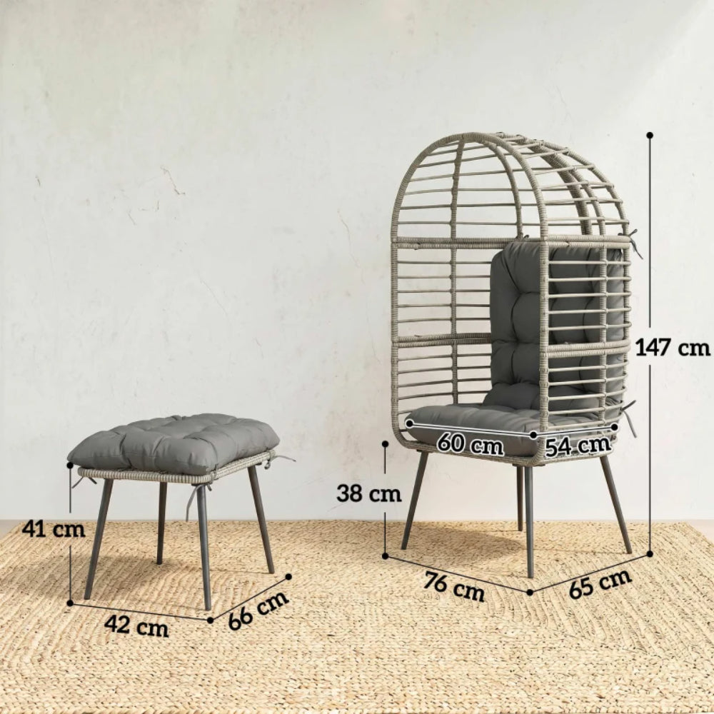 Outsunny Garden Egg Chair with Footstool, Rattan Indoor Outdoor Lounge Chair and Ottoman Set with Thick Cushions