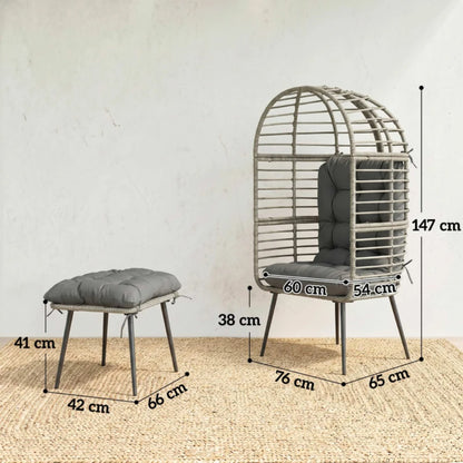 Outsunny Garden Egg Chair with Footstool, Rattan Indoor Outdoor Lounge Chair and Ottoman Set with Thick Cushions