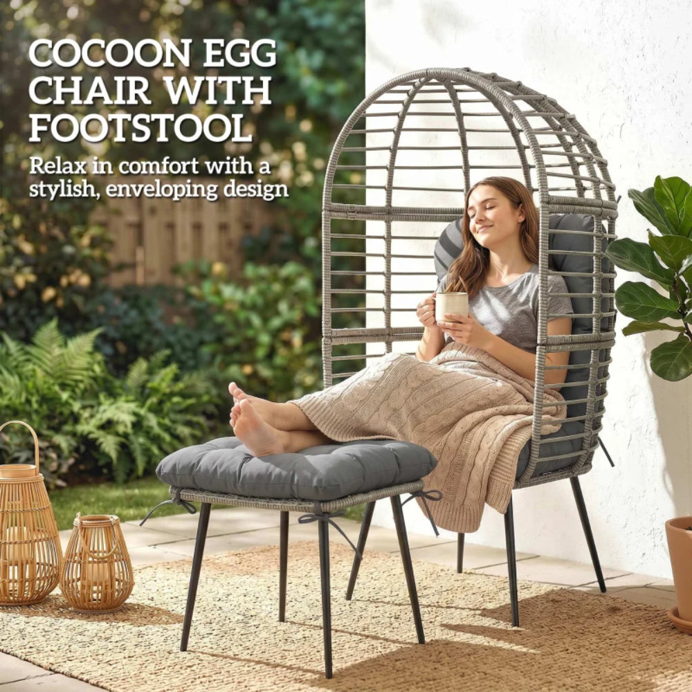Outsunny Garden Egg Chair with Footstool, Rattan Indoor Outdoor Lounge Chair and Ottoman Set with Thick Cushions