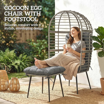 Outsunny Garden Egg Chair with Footstool, Rattan Indoor Outdoor Lounge Chair and Ottoman Set with Thick Cushions