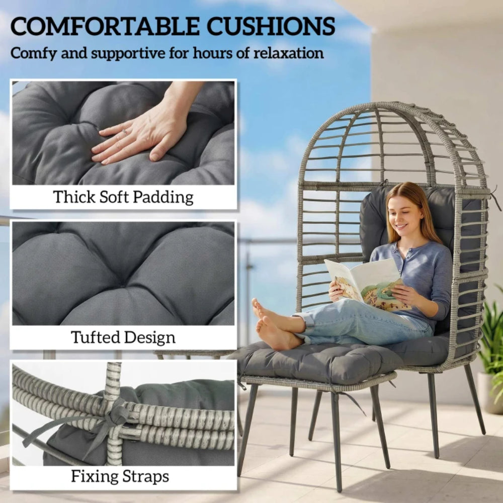 Outsunny Garden Egg Chair with Footstool, Rattan Indoor Outdoor Lounge Chair and Ottoman Set with Thick Cushions