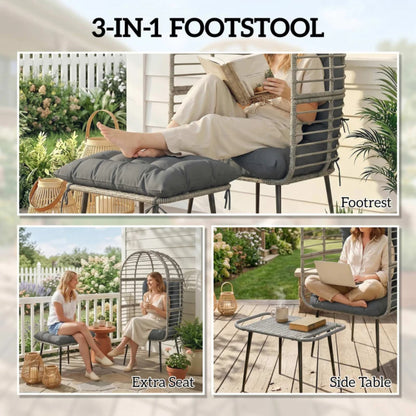 Outsunny Garden Egg Chair with Footstool, Rattan Indoor Outdoor Lounge Chair and Ottoman Set with Thick Cushions
