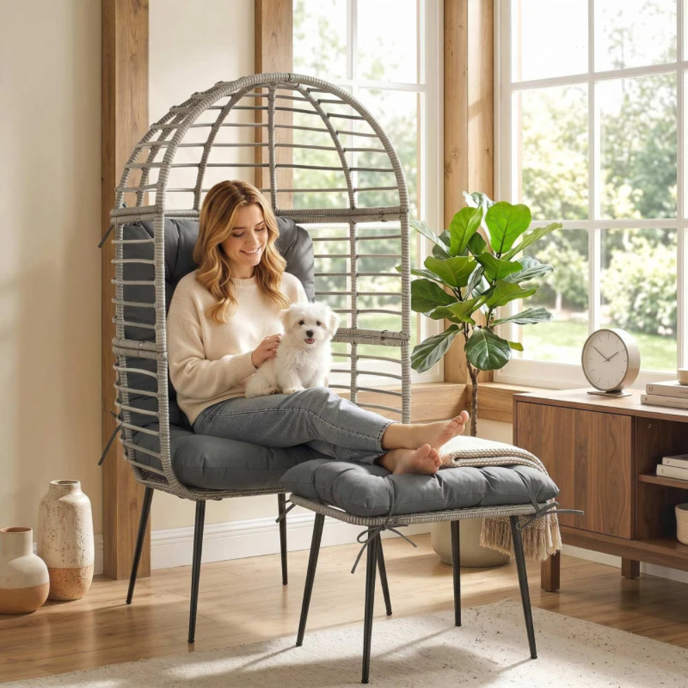 Outsunny Garden Egg Chair with Footstool, Rattan Indoor Outdoor Lounge Chair and Ottoman Set with Thick Cushions