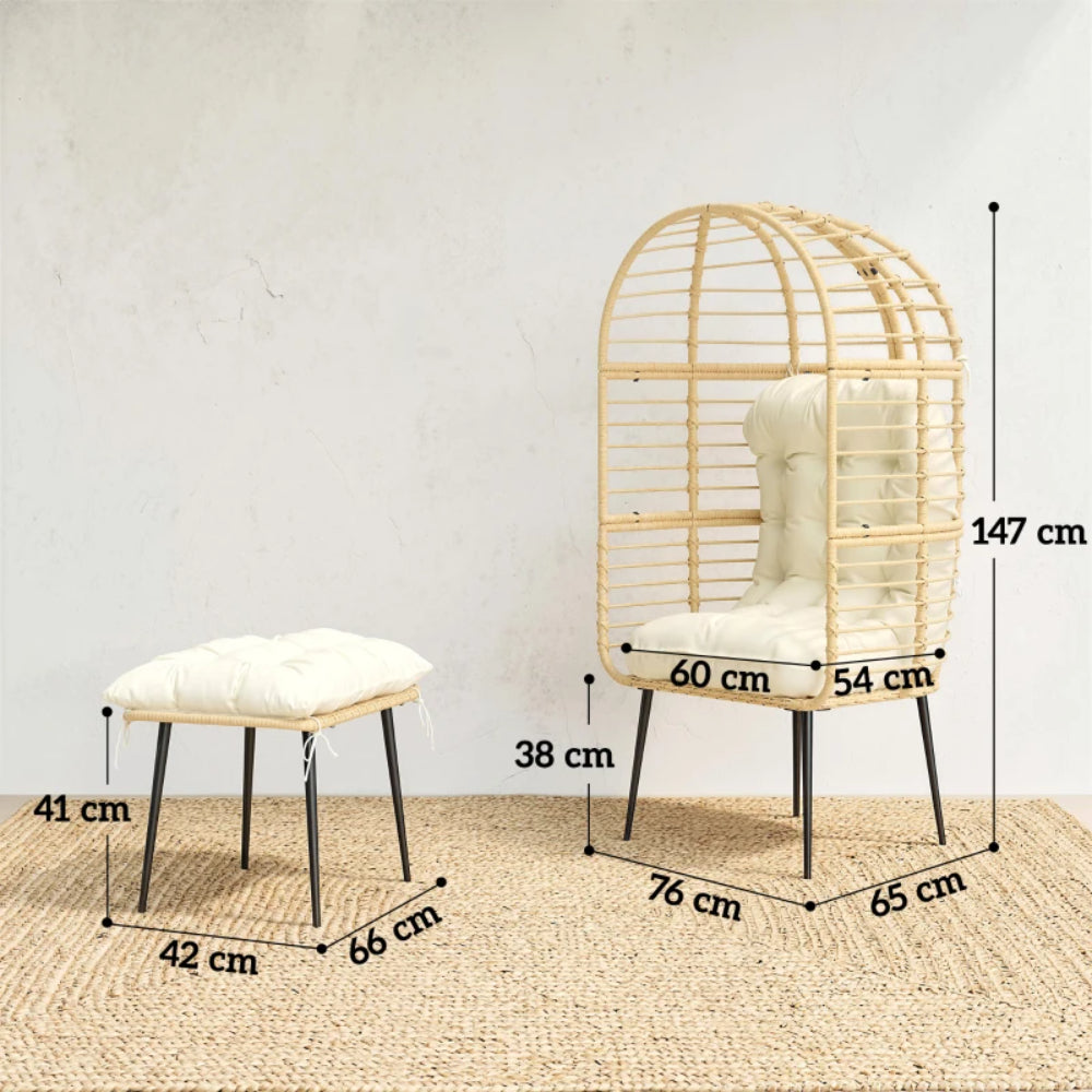 Outsunny Garden Egg Chair with Footstool, Rattan Indoor Outdoor Lounge Chair and Ottoman Set with Thick Cushions