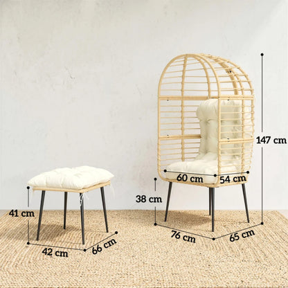 Outsunny Garden Egg Chair with Footstool, Rattan Indoor Outdoor Lounge Chair and Ottoman Set with Thick Cushions