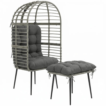 Outsunny Garden Egg Chair with Footstool, Rattan Indoor Outdoor Lounge Chair and Ottoman Set with Thick Cushions