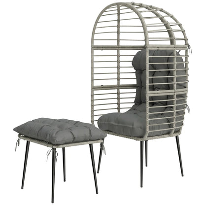 Outsunny Garden Egg Chair with Footstool, Rattan Indoor Outdoor Lounge Chair and Ottoman Set with Thick Cushions