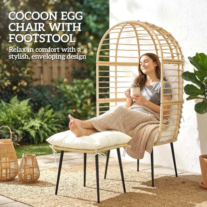 Outsunny Garden Egg Chair with Footstool, Rattan Indoor Outdoor Lounge Chair and Ottoman Set with Thick Cushions