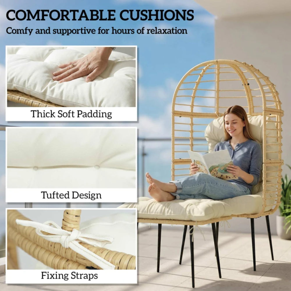 Outsunny Garden Egg Chair with Footstool, Rattan Indoor Outdoor Lounge Chair and Ottoman Set with Thick Cushions