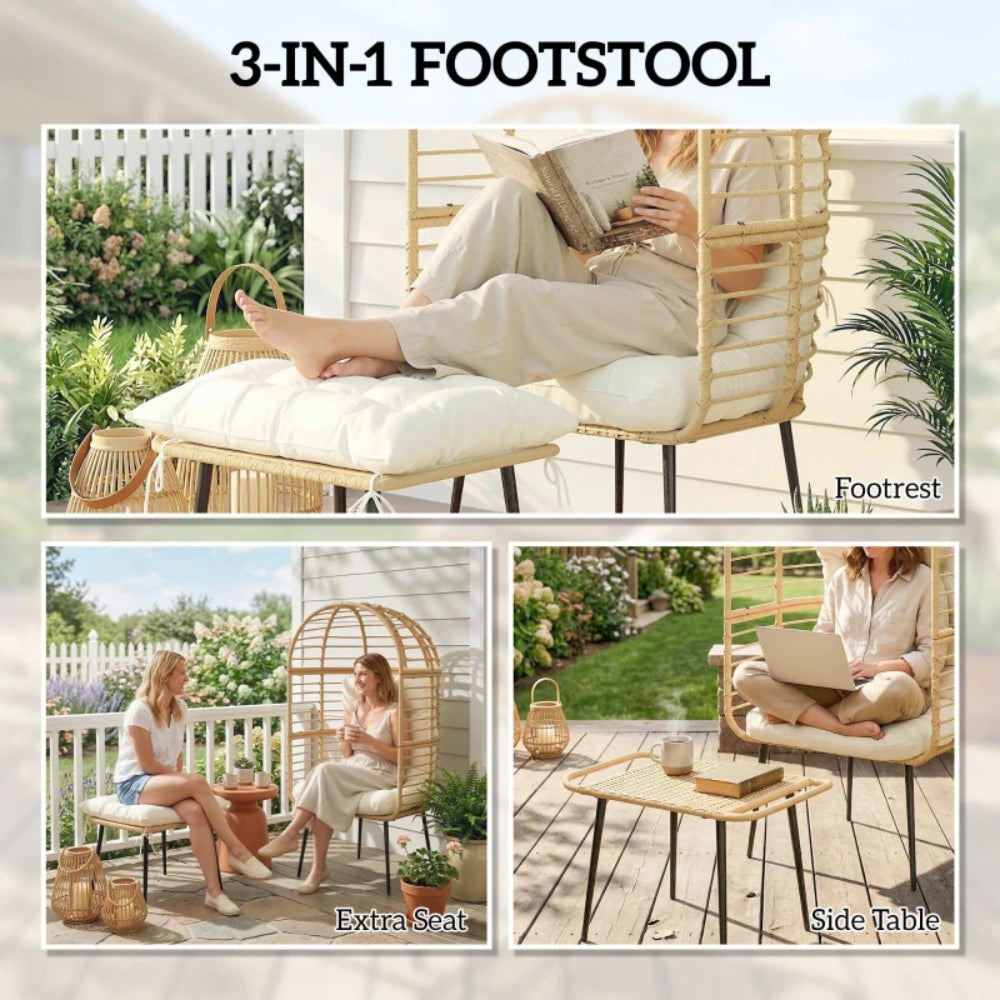 Outsunny Garden Egg Chair with Footstool, Rattan Indoor Outdoor Lounge Chair and Ottoman Set with Thick Cushions