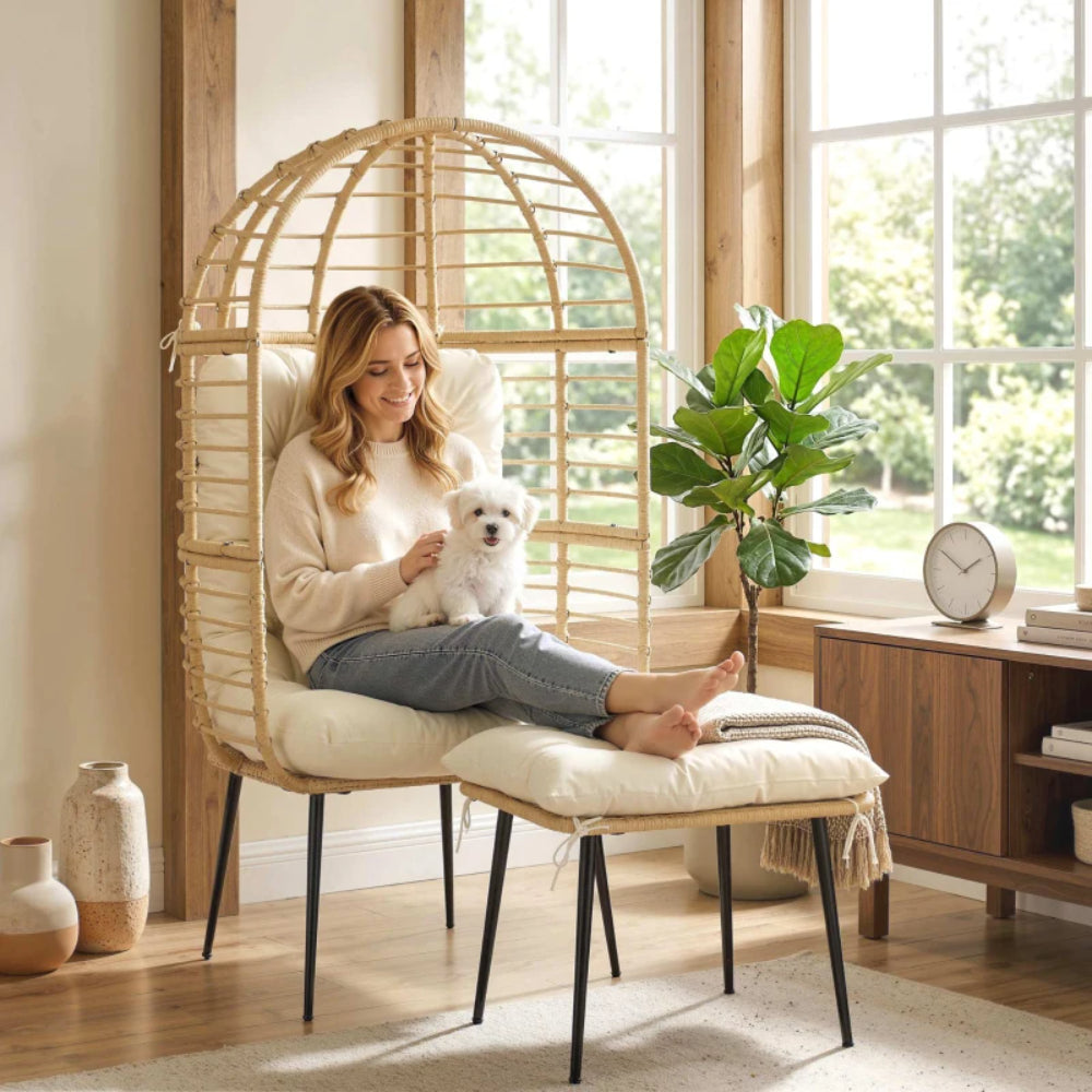 Outsunny Garden Egg Chair with Footstool, Rattan Indoor Outdoor Lounge Chair and Ottoman Set with Thick Cushions