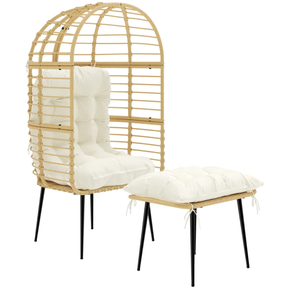 Outsunny Garden Egg Chair with Footstool, Rattan Indoor Outdoor Lounge Chair and Ottoman Set with Thick Cushions