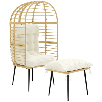 Outsunny Garden Egg Chair with Footstool, Rattan Indoor Outdoor Lounge Chair and Ottoman Set with Thick Cushions