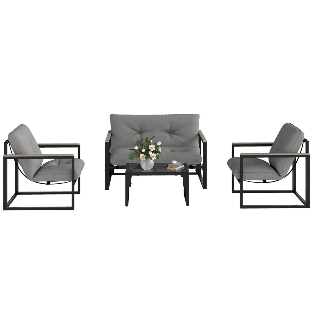 Outsunny Garden Furniture Set, 4 Piece Indoor Outdoor Conservatory with Loveseat Sofa, Armchairs, Glass Top Coffee Table, Cushions for Balcony, Poolside, Patio 11