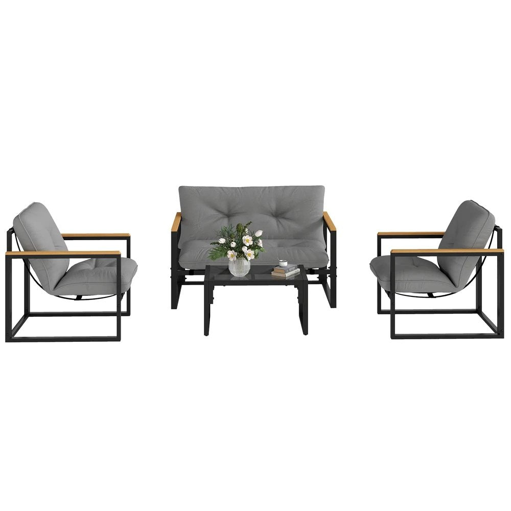 Outsunny Garden Furniture Set, 4 Piece Indoor Outdoor Conservatory with Loveseat Sofa, Armchairs, Glass Top Coffee Table, Cushions for Balcony, Poolside, Patio 23