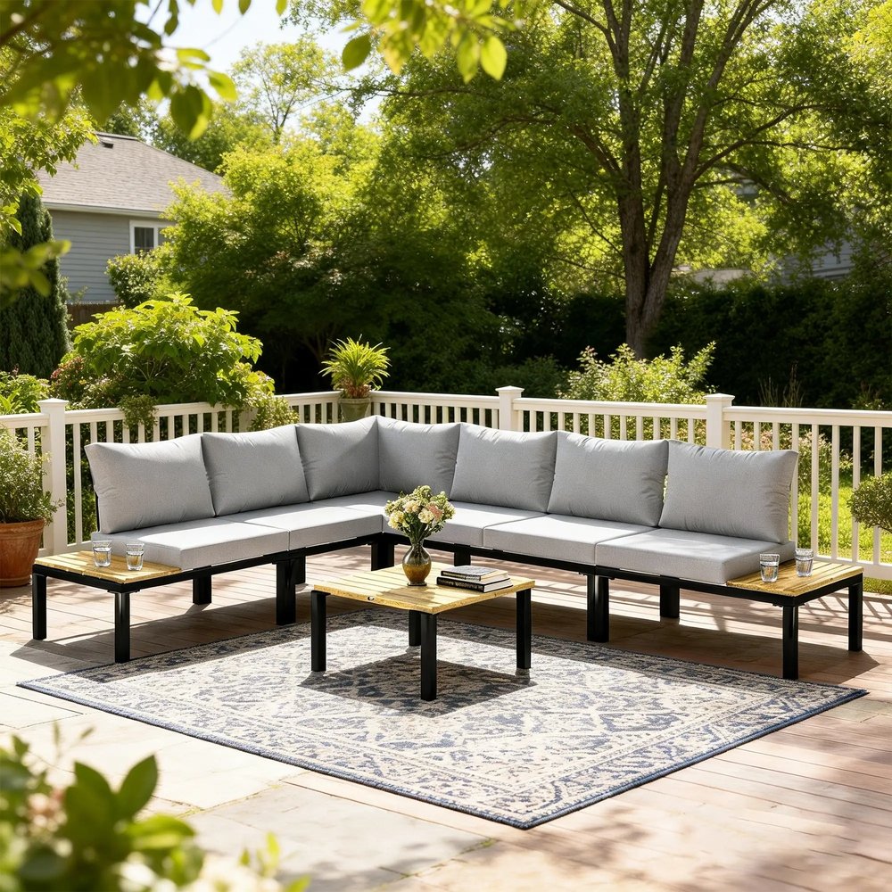 Outsunny Garden Furniture Set, 6 Piece Corner Sofa Set with Loveseat, Coffee Table, Sofa with Integrated Side Table 1