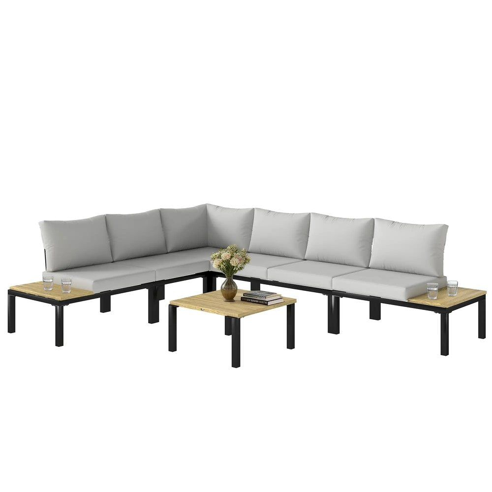 Outsunny Garden Furniture Set, 6 Piece Corner Sofa Set with Loveseat, Coffee Table, Sofa with Integrated Side Table 10