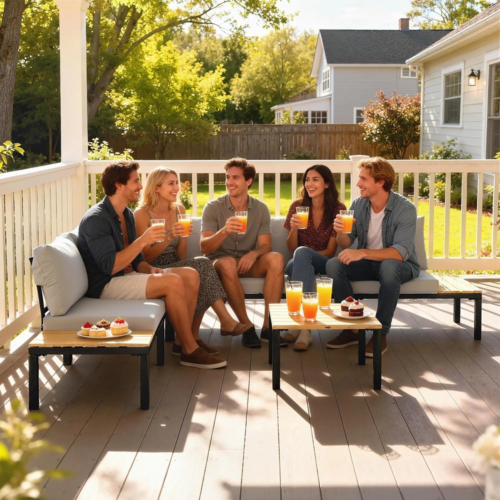 Outsunny Garden Furniture Set, 6 Piece Corner Sofa Set with Loveseat, Coffee Table, Sofa with Integrated Side Table 7