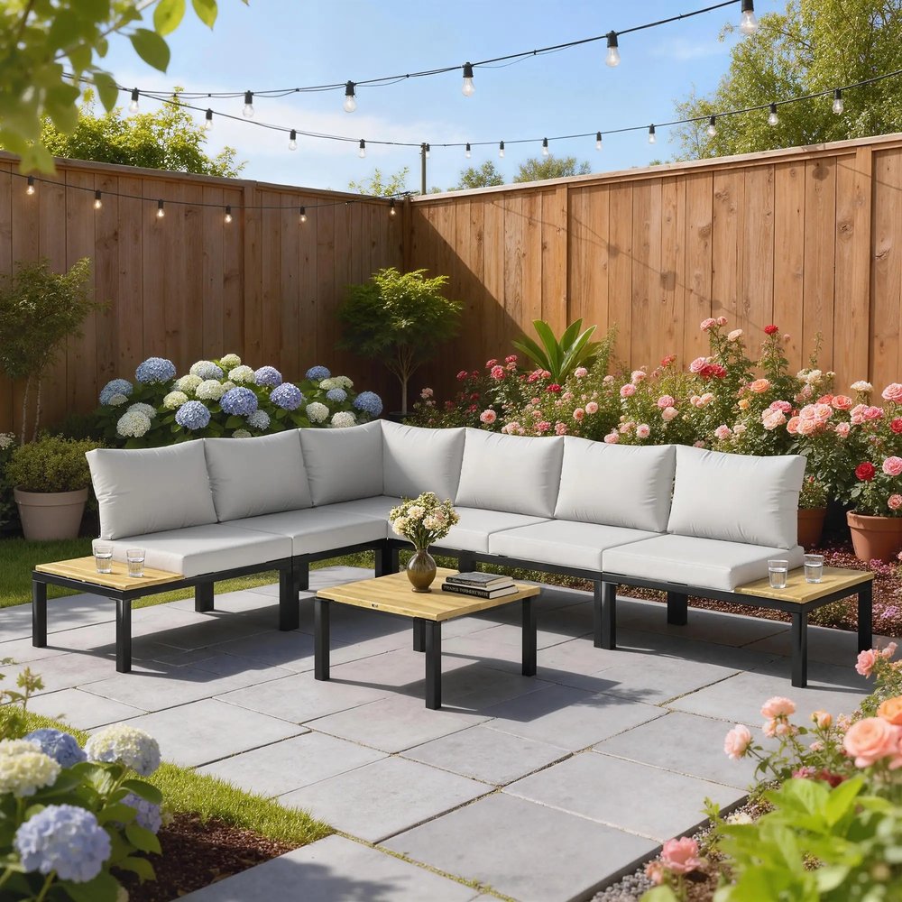 Outsunny Garden Furniture Set, 6 Piece Corner Sofa Set with Loveseat, Coffee Table, Sofa with Integrated Side Table 9