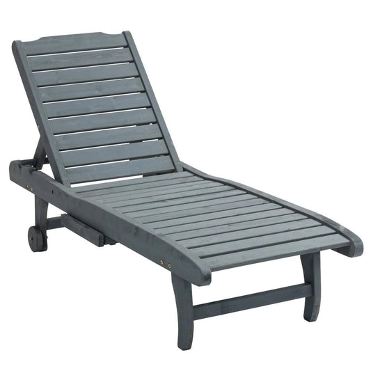 Outsunny Garden Patio Sun Lounger, Outdoor Wooden Sun Bed with Built-In Table, Reclining Backrest and Rolling Wheels for Sunbathing, Grey 