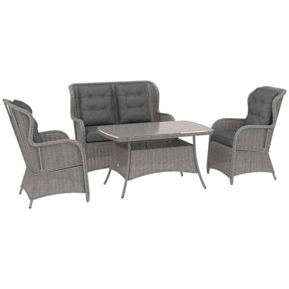 Outsunny Garden PE Rattan Dining Sofa Set, Outdoor 4 Seater Wicker Furniture, High Back Chairs with Cushions, Tempered Glass Coffee Table for Patio, Light Grey