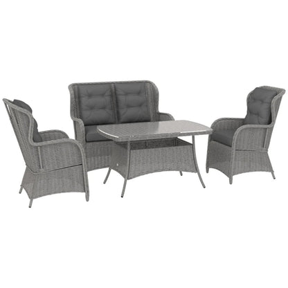 Outsunny Garden PE Rattan Dining Sofa Set, Outdoor 4 Seater Wicker Furniture, High Back Chairs with Cushions, Tempered Glass Coffee Table for Patio, Light Grey