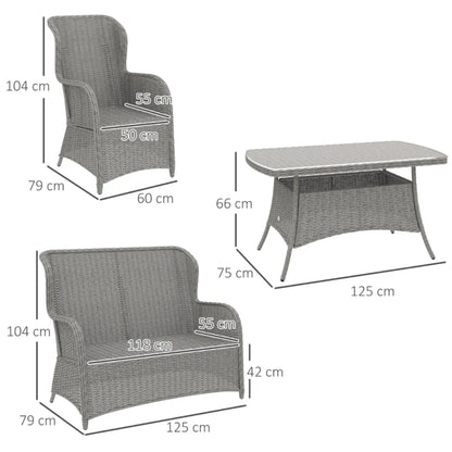 Outsunny Garden PE Rattan Dining Sofa Set, Outdoor 4 Seater Wicker Furniture, High Back Chairs with Cushions, Tempered Glass Coffee Table for Patio, Light Grey