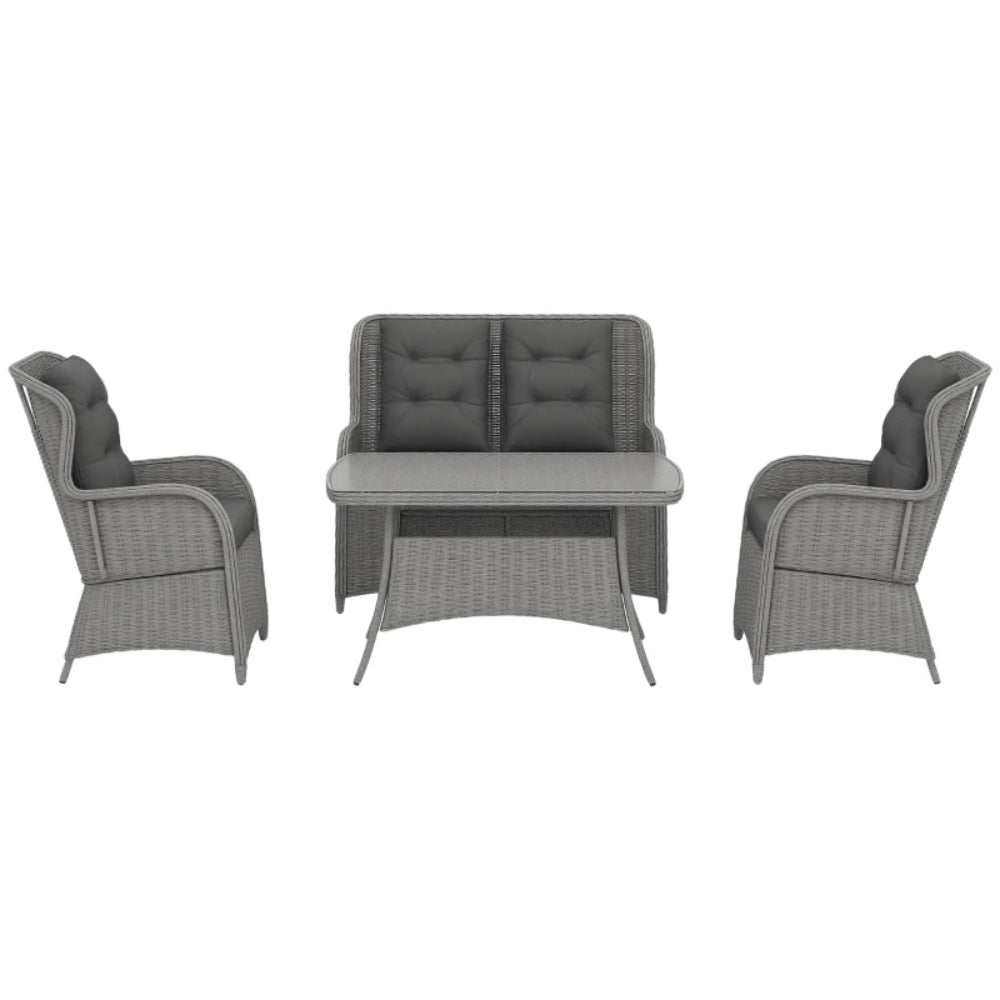 Outsunny Garden PE Rattan Dining Sofa Set, Outdoor 4 Seater Wicker Furniture, High Back Chairs with Cushions, Tempered Glass Coffee Table for Patio, Light Grey