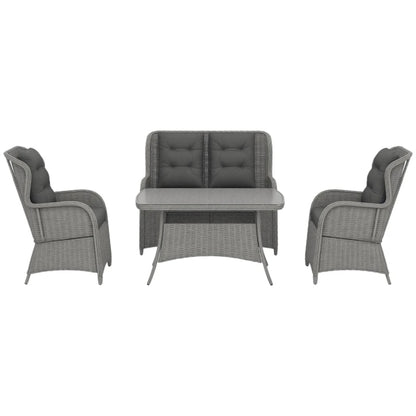 Outsunny Garden PE Rattan Dining Sofa Set, Outdoor 4 Seater Wicker Furniture, High Back Chairs with Cushions, Tempered Glass Coffee Table for Patio, Light Grey