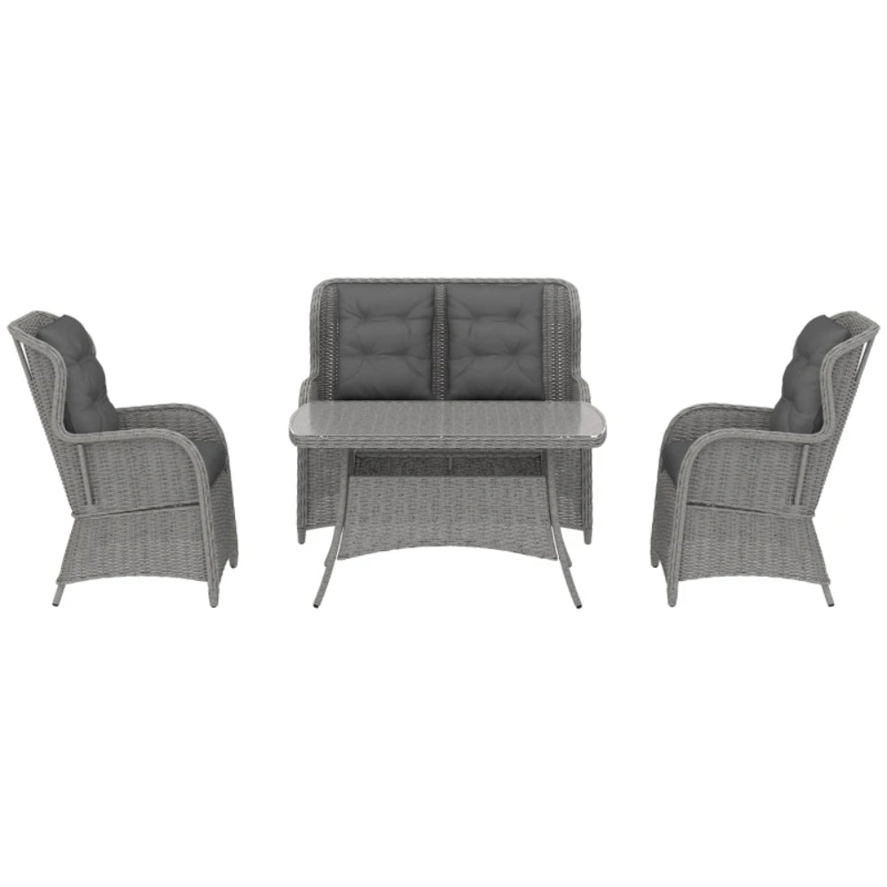 Outsunny Garden PE Rattan Dining Sofa Set, Outdoor 4 Seater Wicker Furniture, High Back Chairs with Cushions, Tempered Glass Coffee Table for Patio, Light Grey