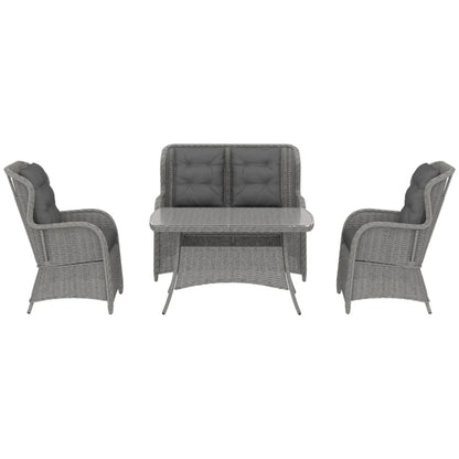 Outsunny Garden PE Rattan Dining Sofa Set, Outdoor 4 Seater Wicker Furniture, High Back Chairs with Cushions, Tempered Glass Coffee Table for Patio, Light Grey