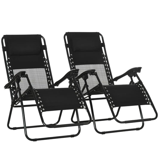 Outsunny Garden Recliner Chairs Set of 2, Outdoor Foldable Zero Gravity Chairs Set w/ Footstool and Detachable Headrest, Black 
