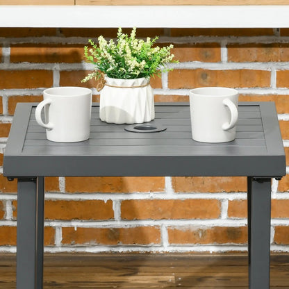 Outsunny Garden Side Table, 51x51cm Square Patio Coffee Table with Umbrella Hole, End Table with Steel Frame for Balcony, Grey 6