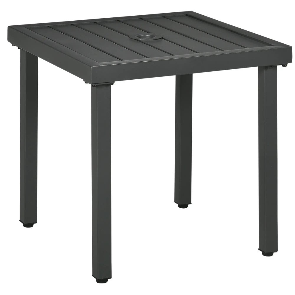 Outsunny Garden Side Table, 51x51cm Square Patio Coffee Table with Umbrella Hole, End Table with Steel Frame for Balcony, Grey 