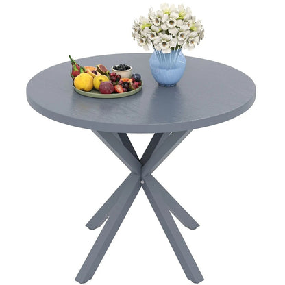 Outsunny Garden Table, 85cm Round Outdoor Dining Table with Steel Frame, Wood Effect Top, for Balcony, Deck, Dark Grey 10