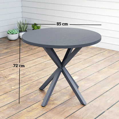 Outsunny Garden Table, 85cm Round Outdoor Dining Table with Steel Frame, Wood Effect Top, for Balcony, Deck, Dark Grey 2