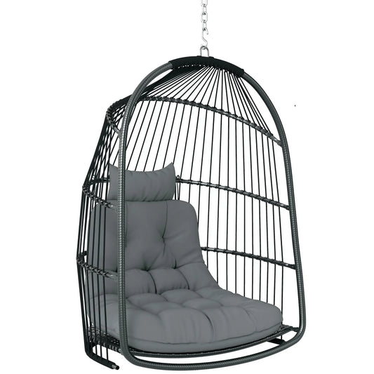 Outsunny Hanging Egg Chair, Foldable Rattan Garden Swing Chair with Installation Kit, Thickened Cushion and Headrest, Indoor Outdoor Hanging Egg Basket Seat for Patio, Porch, Dark Grey 