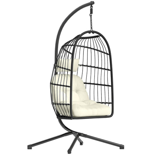 Outsunny Hanging Egg Chair, Indoor Outdoor Hammock Swing Chair with Stand, Safety Strap, Foldable Basket, Black/Cream White 