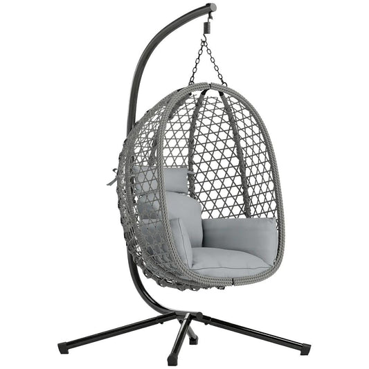 Outsunny Hanging Egg Chair, Indoor Outdoor Rattan Hammock Swing Chair with Stand, Safety Strap, Foldable Basket, Dark Grey 