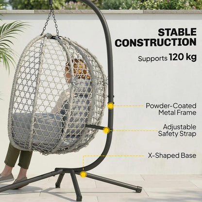 Outsunny Hanging Egg Chair, Indoor Outdoor Rattan Hammock Swing Chair with Stand, Safety Strap, Foldable Basket, Light Grey 3