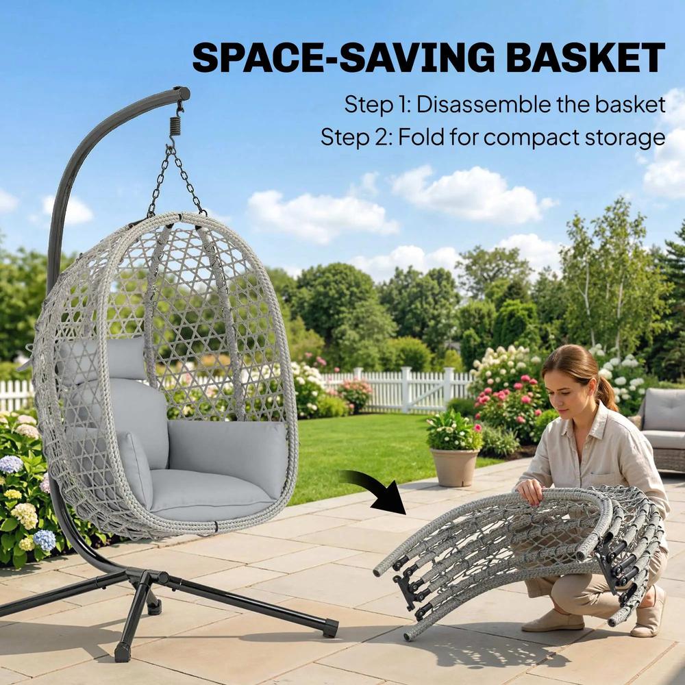 Outsunny Hanging Egg Chair, Indoor Outdoor Rattan Hammock Swing Chair with Stand, Safety Strap, Foldable Basket, Light Grey 4
